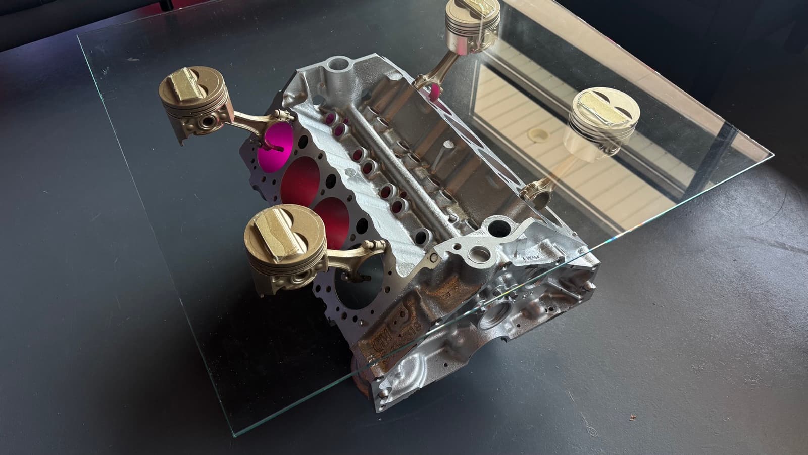 Engine-block coffee table in the lounge
