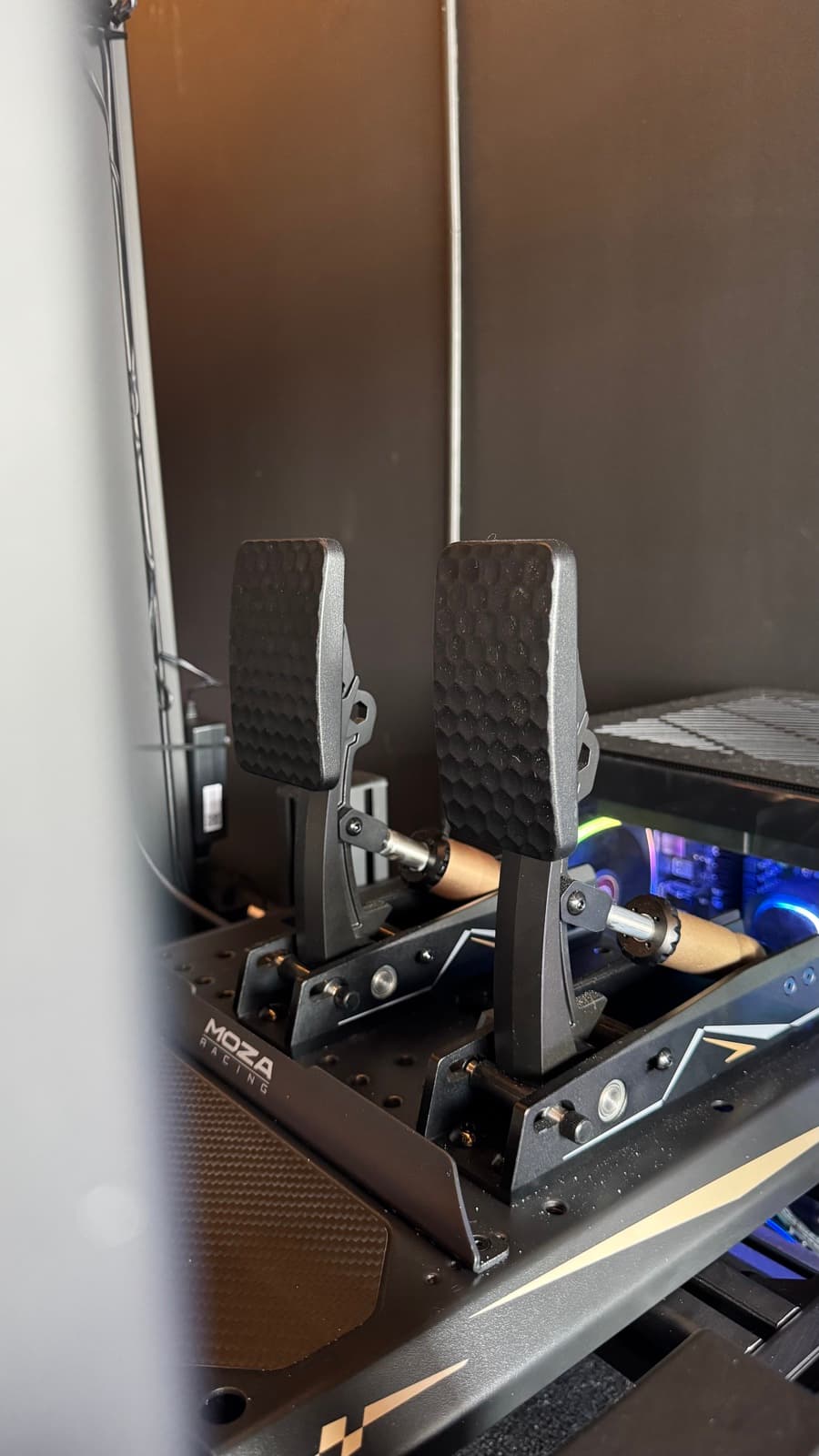Close-up of the racing simulator pedal set